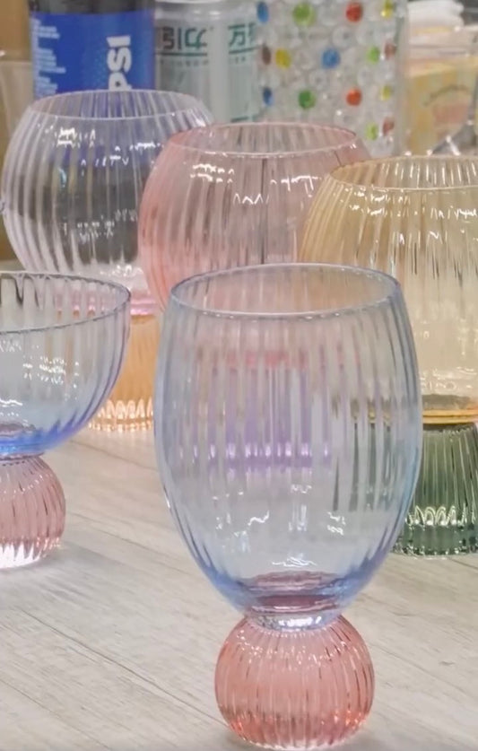 Pink Spray Stemless Margarita Glasses, Hand Blown Elegant Vertical Stripes Margarita Glasses, Thick Solid Clear Pink Glasses with Beer Drink Party Bar 10 oz