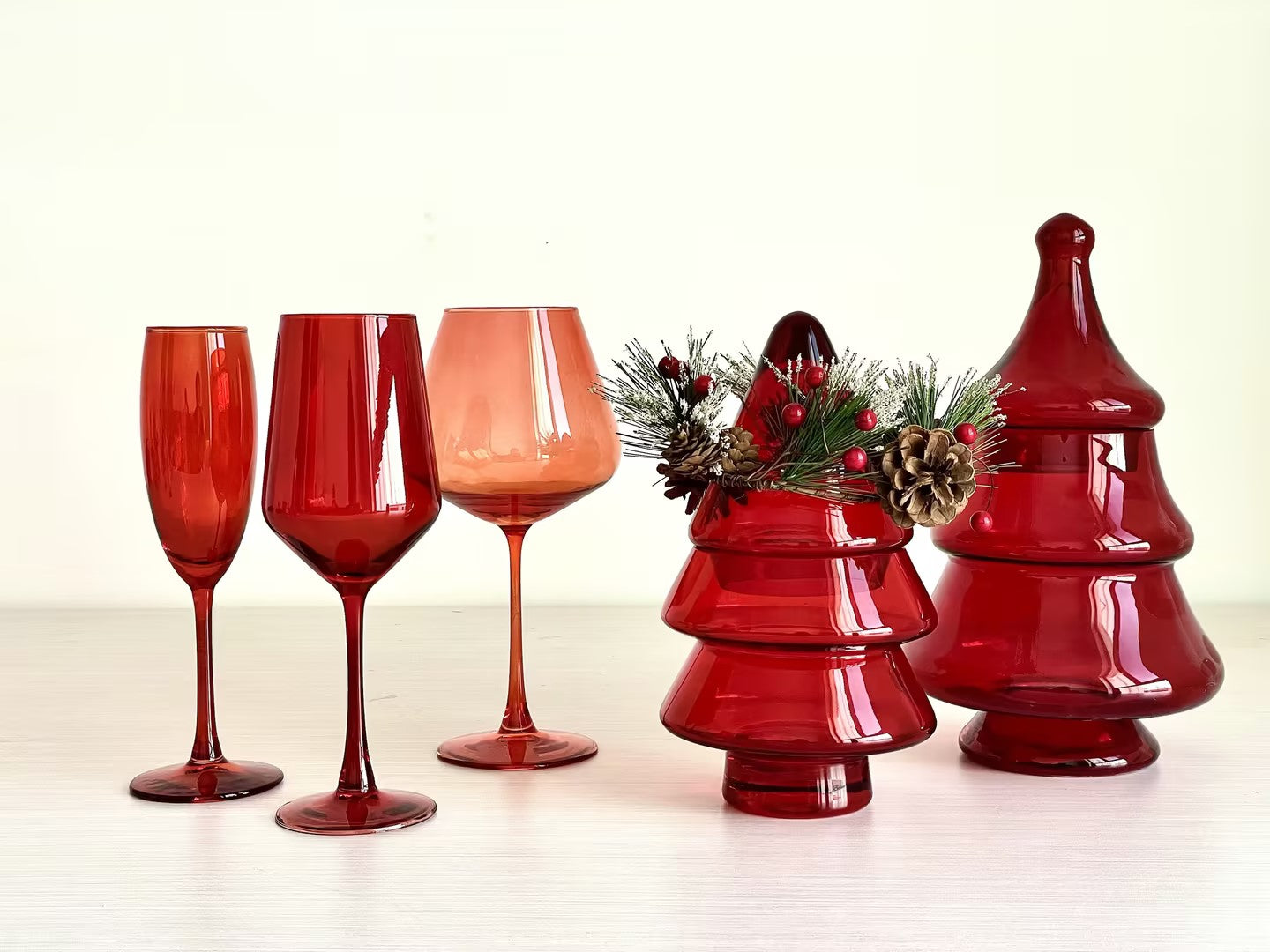 Christmas red wine goblet stemware and canister storage jar